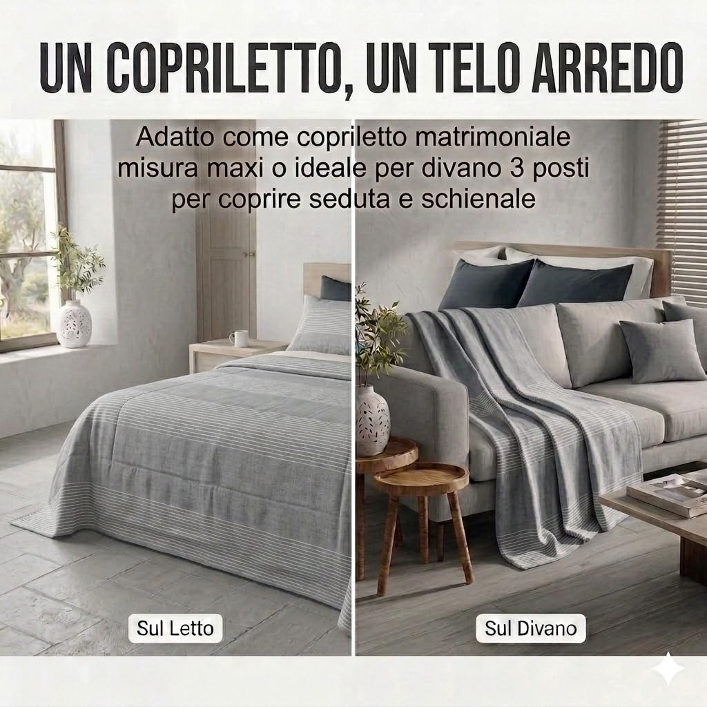 fashion home Pagano Copriletto Matrimoniale Kerala in Cotone Leggero, Telo Copridivano Copritutto Multiuso a Righe, Gran Foulard Primavera Estate 260x260 cm [Grigio]