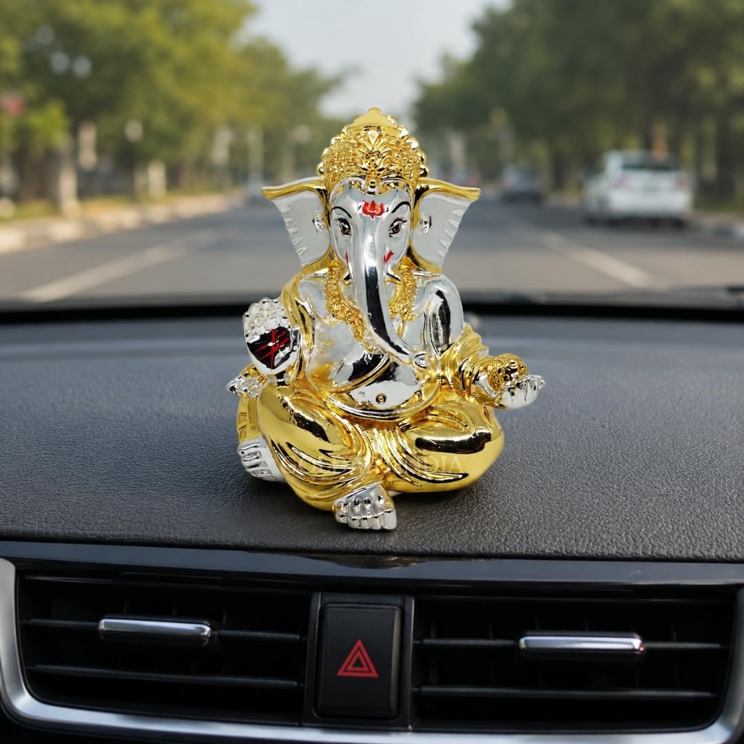 Gold and Silver Plated gaddi Ganesha Idol | Ganpati Bappa Murti | for Home Decor Puja Lord Ganesh Statue Gift for Office Desk Puja Room Figurine, Car Dashboard, House Warming (7.6 x 7.6 x 8.8)