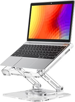 Laptop Stand for Desk - Adjustable, Foldable Clear Acrylic Riser with 360 Rotating Base, Ergonomic Laptop Holder for MacBook Pro/Air & 10-16 Notebooks