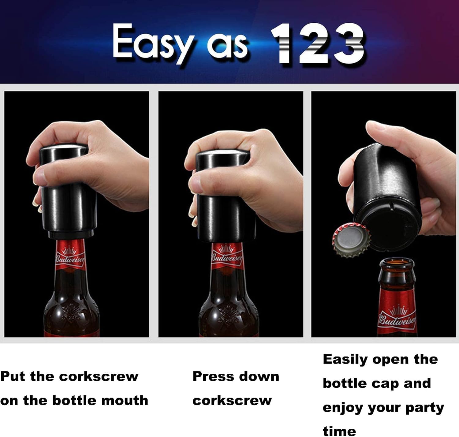 Hari Push Down Bottle Opener, Automatic Bottle Openers, Stainless Steel Instant-no-Cap Mover, Funny Kitchen Gadgets, Beer Accessories, Easter Gifts for Him, Magnetic Corkscrew (Black) 4