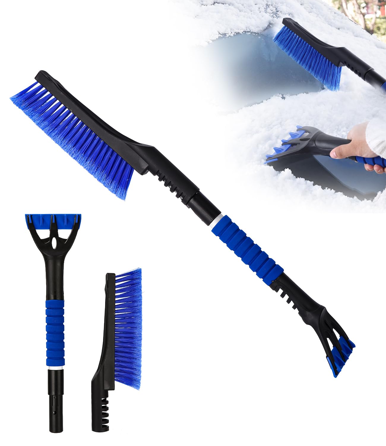Rascador de hielo para coche con escoba, cepillo de nieve para automóvil, rascador de hielo duradero con mango de espuma ergonómico 2 en 1, cepillo de nieve desmontable para coche, camión y SUV