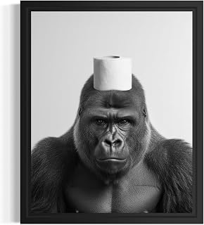 Gorilla and Toilet Paper Poster Framed Art Print, Animal Funny Humor Restroom Painting Wildlife Bathroom Bath Wall Art Decor Nature A12 (Gorilla and Toilet Paper, 20" L x 16" W, Black Frame)