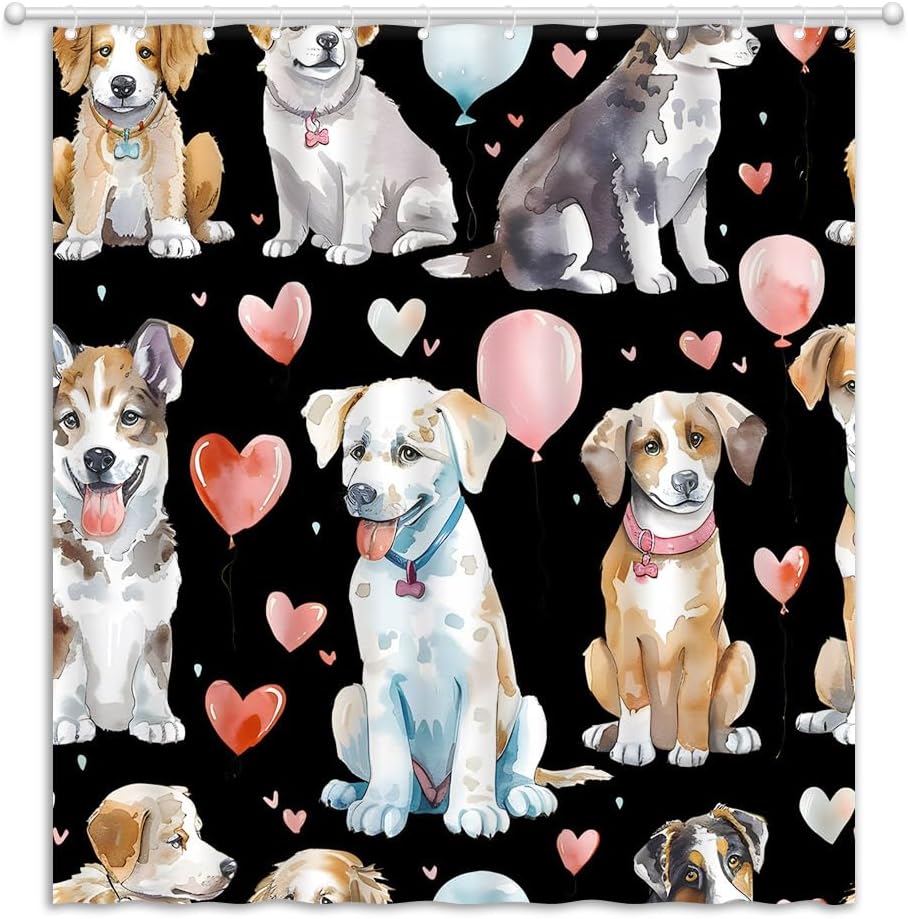 Watercolor Dogs Shower Curtain Funny Cute Animal Love Heart Farmhouse Women Girls Boys Fabric Bathroom Decor Curtains with Hooks, 70" Wx84 H