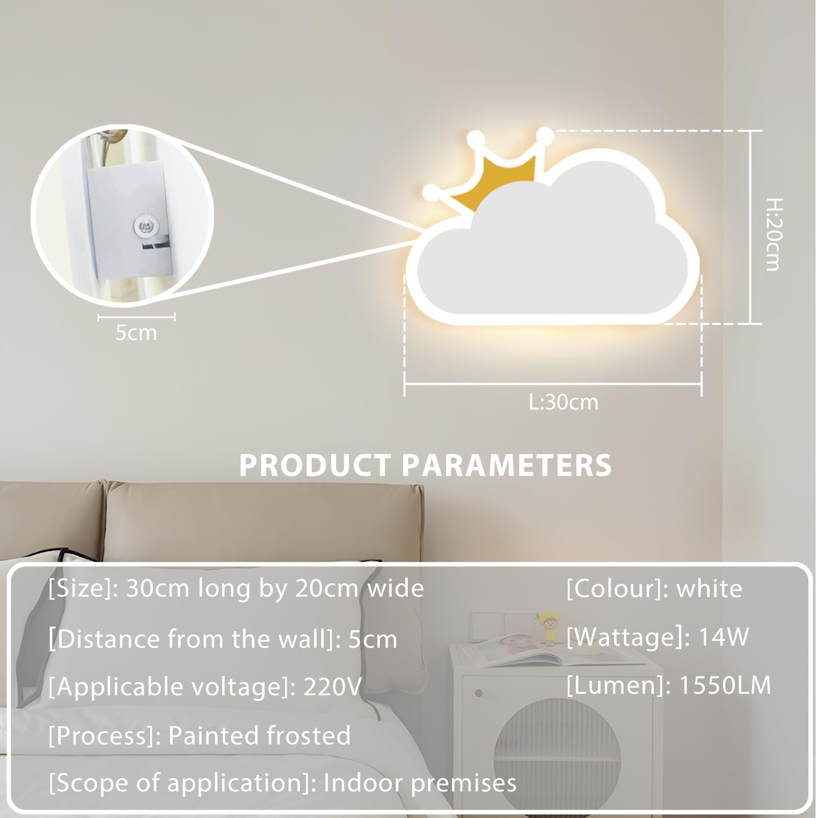 Applique da Parete Interno 14W 1550LM Lampada da Parete Interno a Forma di Nuvola,Bianco Caldo Bianco Neutro Bianco Freddo Tricolore, 220V Applique Cameretta Bambina (Bianco