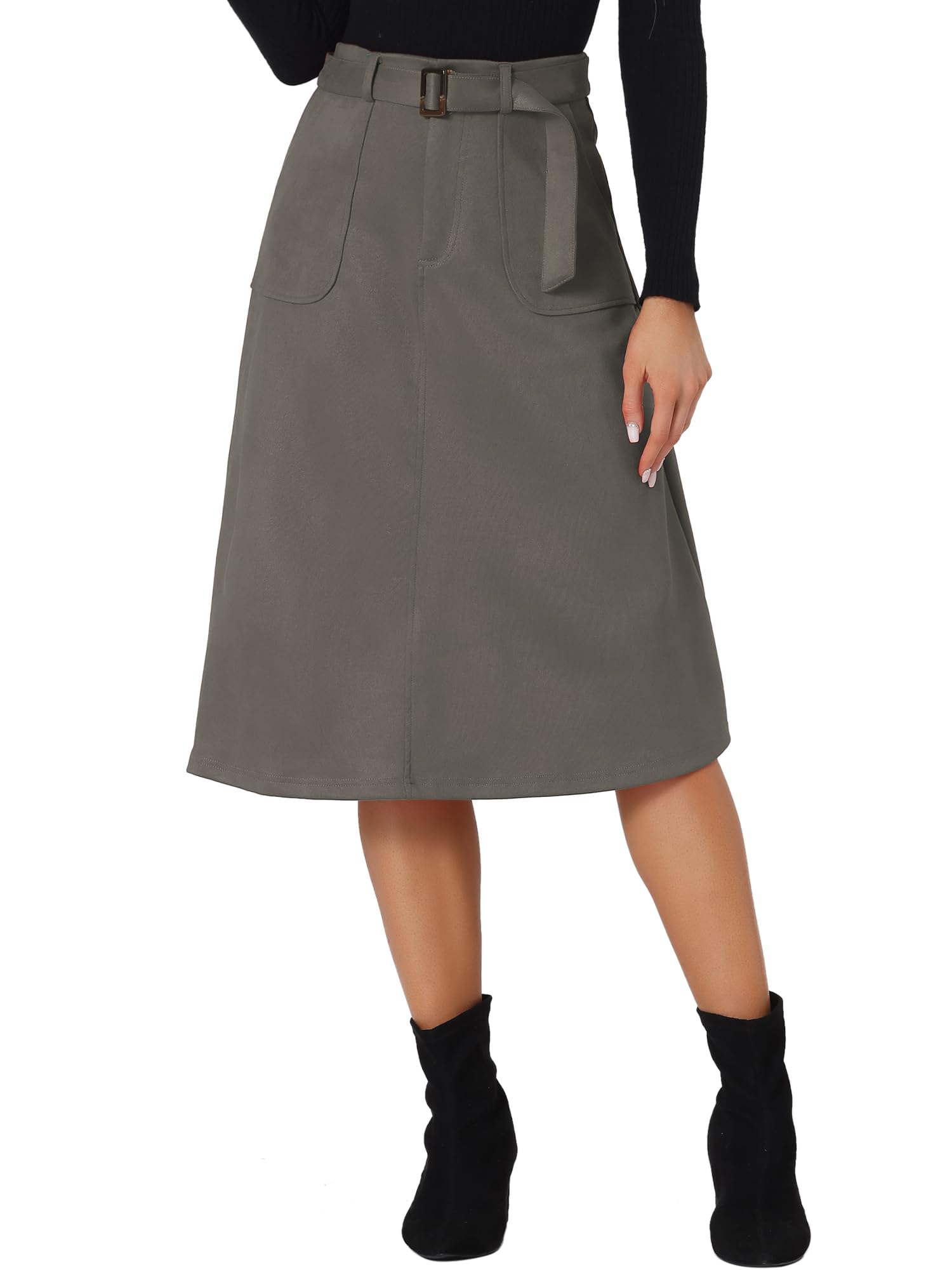 Womens Casual Faux Suede Pockets Stretch A-line Midi Skirt with Belt