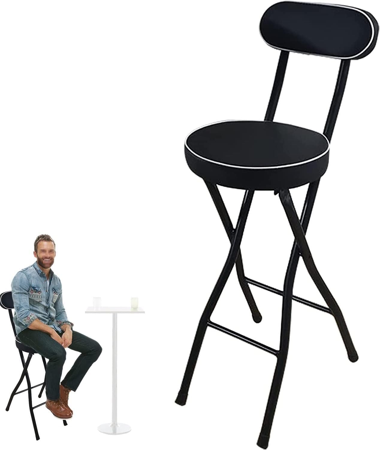 Black Folding Breakfast Kitchen Bar Stool Counter Height High Chair with Backrest Cushioned Padded Footrest(Black,55cm/22inch)