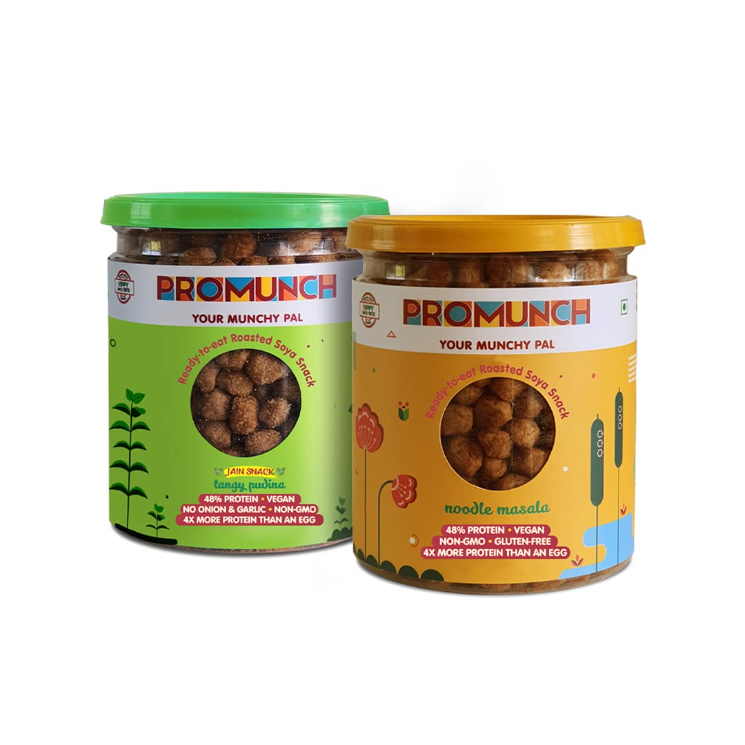 PROMUNCH roasted soya crunchies high protein vegan snack gluten free plant based munching snack for fitness office travel Pack of 2, Flavour: Tangy Pudina and Noodle Masala - 150g Each
