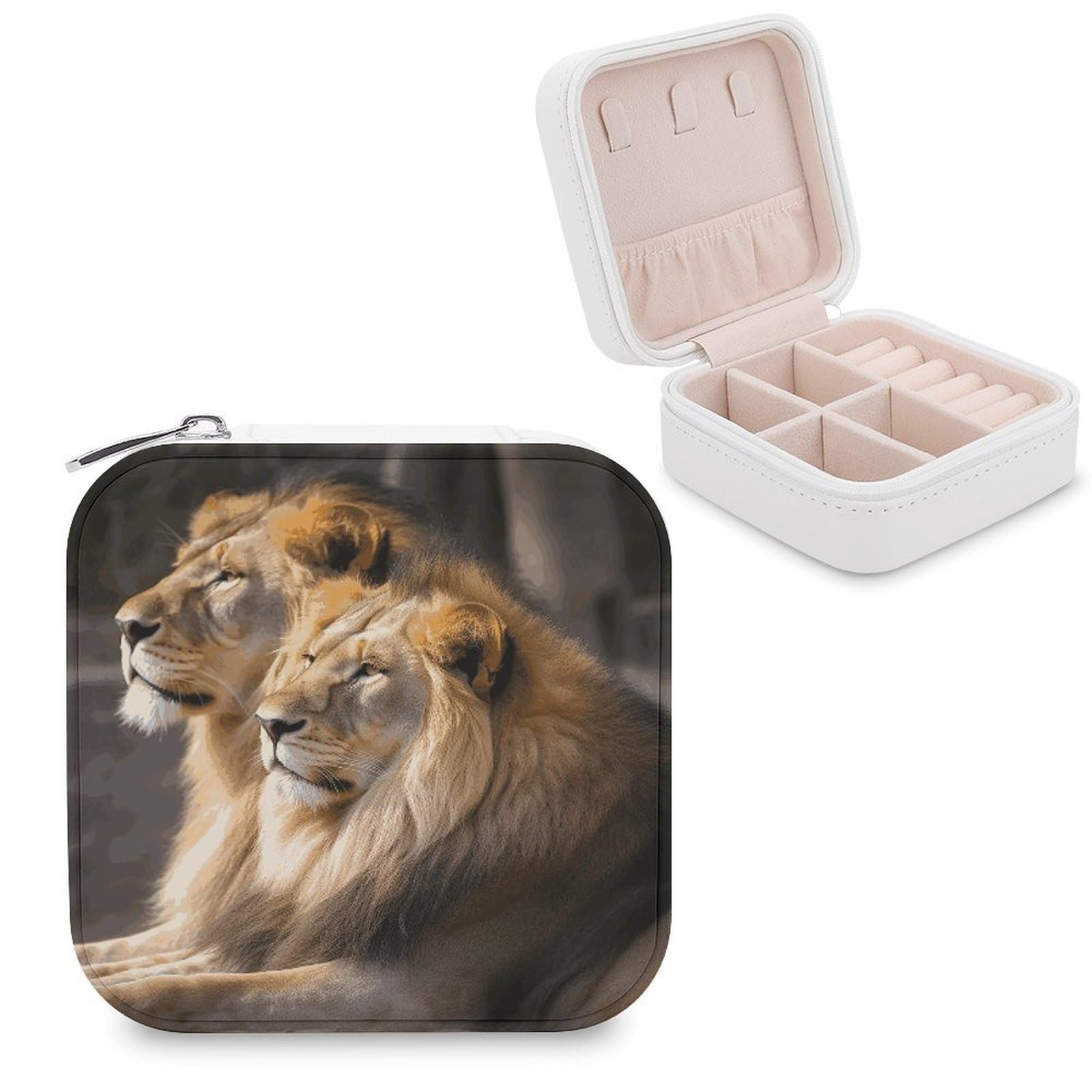 JTREHY Travel Two Lions Jewelry Case Portable Display Storage Box PU Leather Mini Jewelry Travel Case Personalized Travel Jewelry Organizer Small Jewelry Box for Women