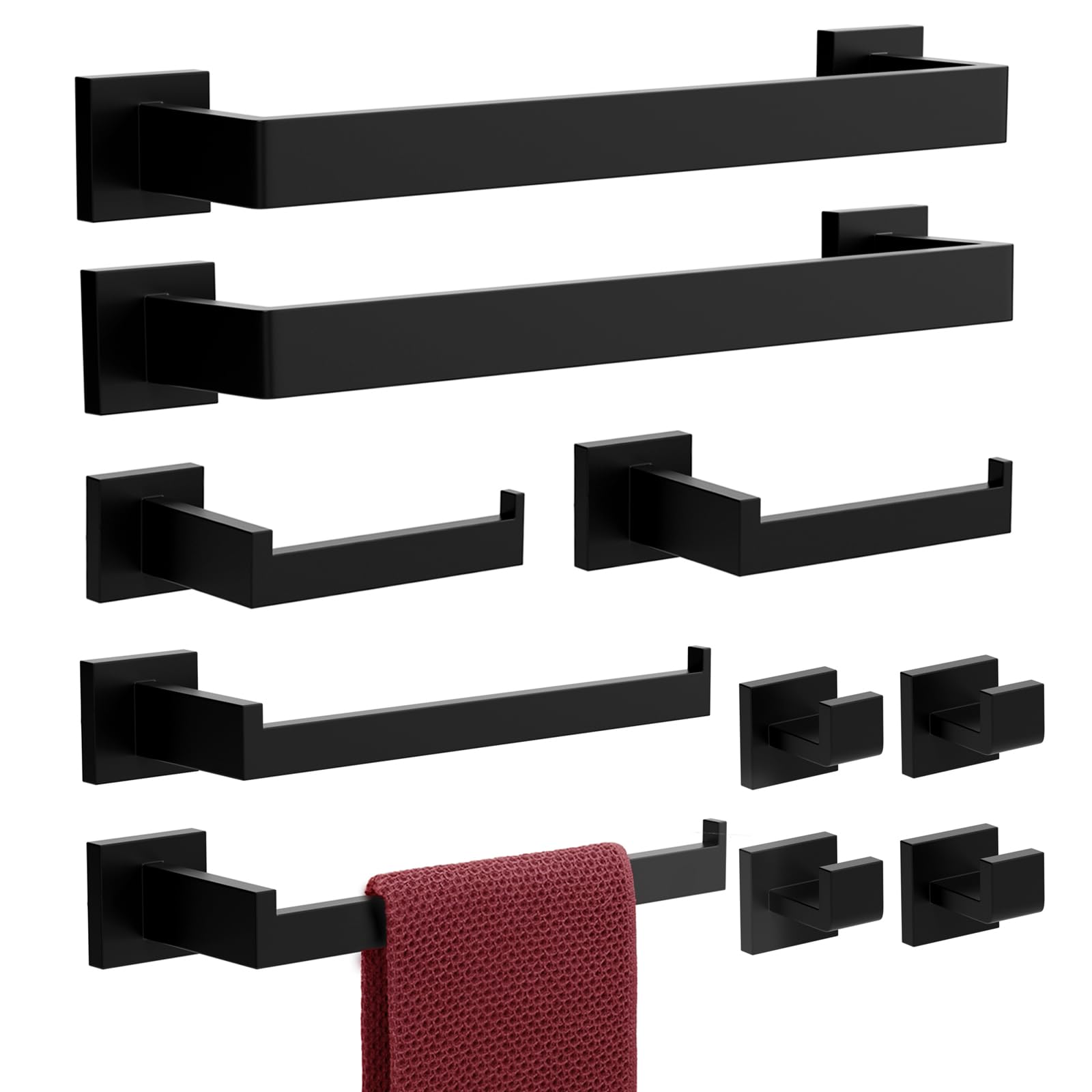 Foto de Juego de toallero de accesorios de baño: 10 piezas de accesorios de baño negro mate cuadrado de acero inoxidable SUS304 - Toallero montado en la pared y soporte para papel higiénico y soporte para (imagen 1)
