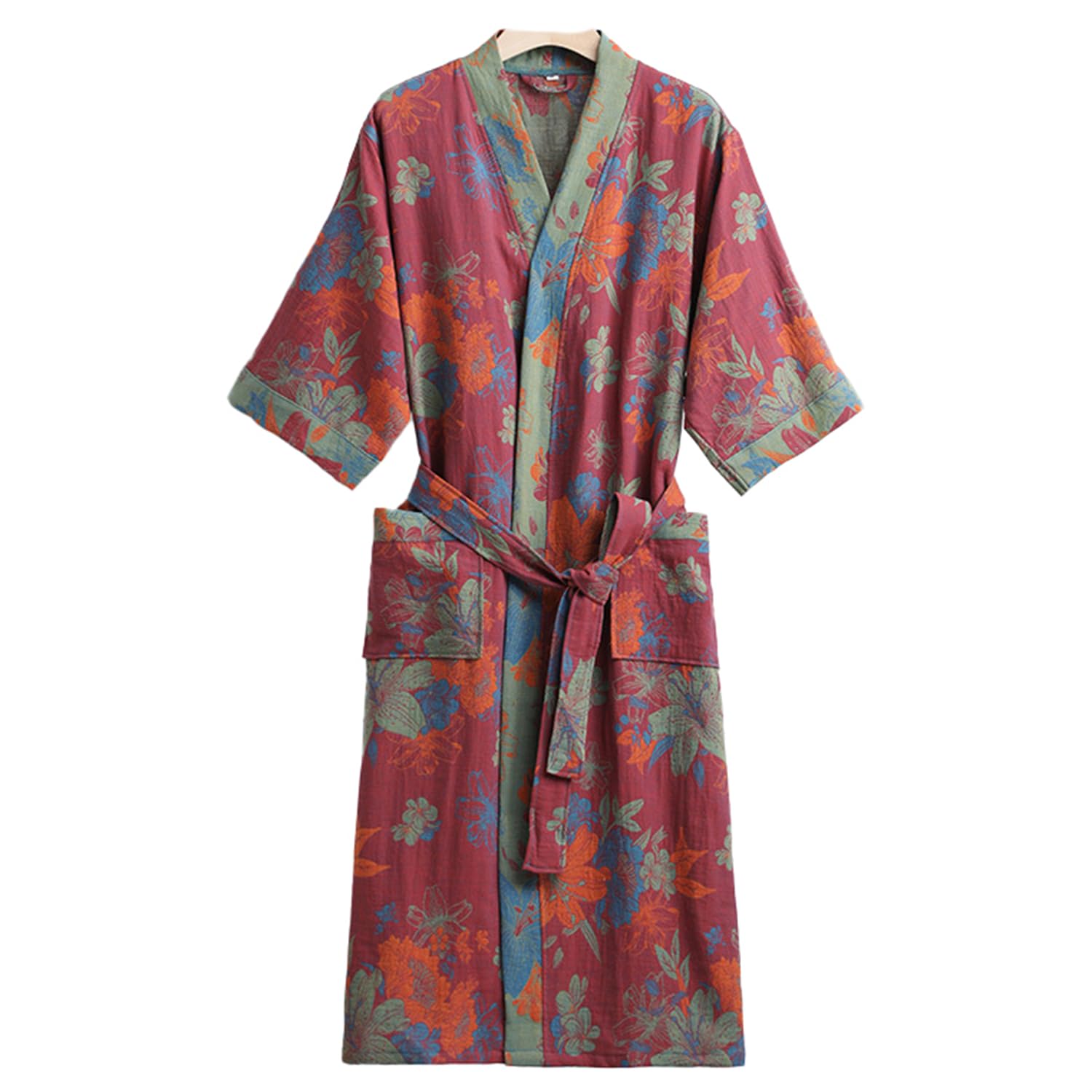 Women's Bathrobe, Summer, Gauze, Double Layered Gauze, Pajamas, Short Sleeve, 100% Cotton, Thin, Silk Touch, Gown, Summer, Loungewear, Loungewear, Long, Gown, Single Item, Night Yukata, Yukata Style c XL