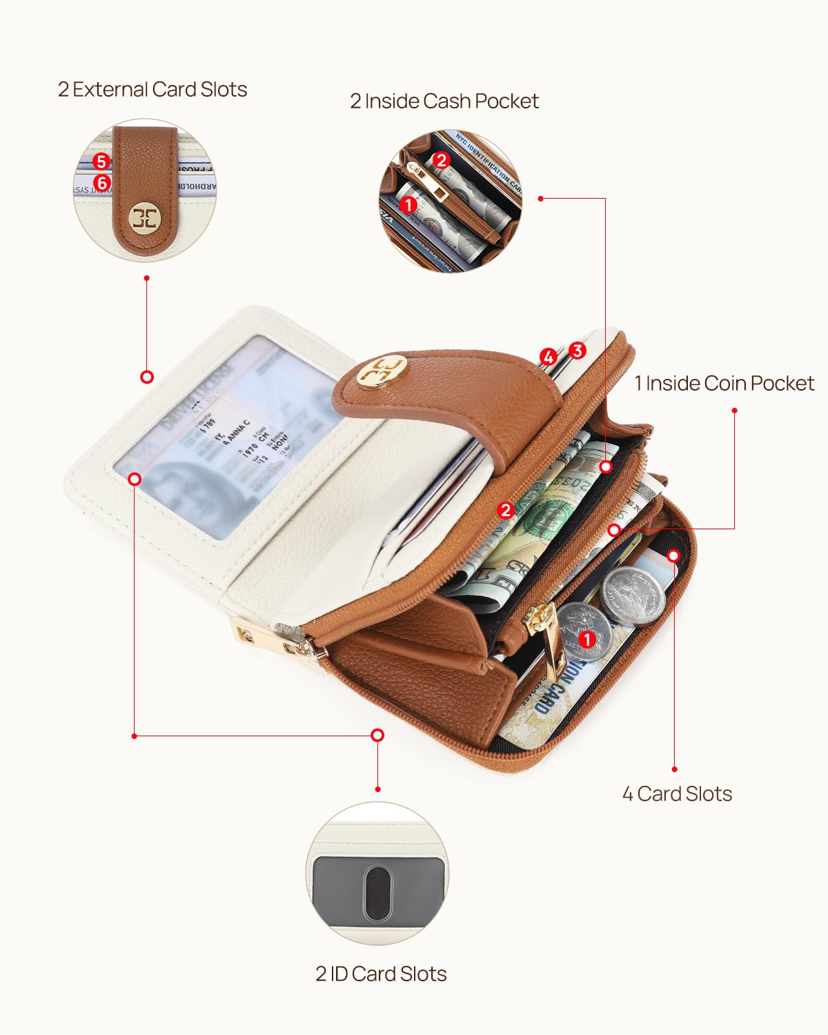 Telena Small Wallet Women RFID Blocking Bifold Card Holder Leather Wallets with Zipper Coin Pocket Beige Brown