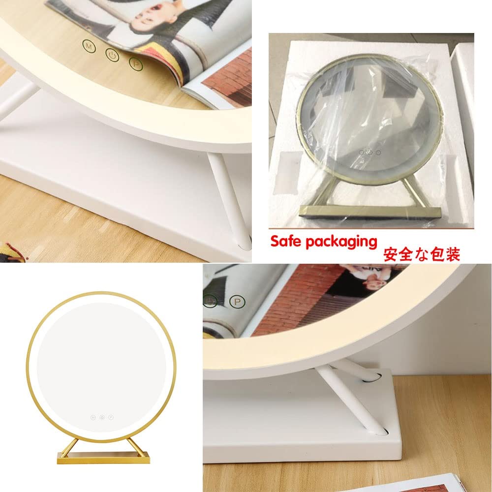Hollywood Touch Lusterko do makijażu LED, okrągłe lustro z podświetleniem 38 cm, do garderoby, sypialni, czarne lustro biurkowe z kwadratową podstawą, idealne do makijażu i pielęgnacji