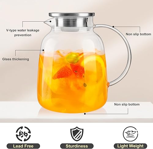 Miniatura 2 de Jarra de vidrio con tapa, jarra de agua calientefría de 2 litros y 68 onzas, jarra grande de té helado para café, jugo y bebidas caseras con tapa