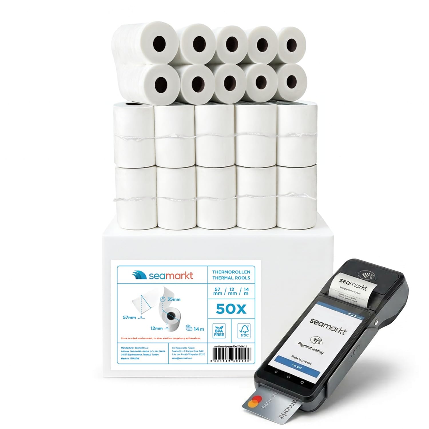Seamarkt 50 Rolls 57x40mm Thermal Till Rolls, 14m, Thermal Receipt Rolls for PDQ, POS, EPOS, Cash Register, BPA Free, Red Warning Stripe, Pack of 50