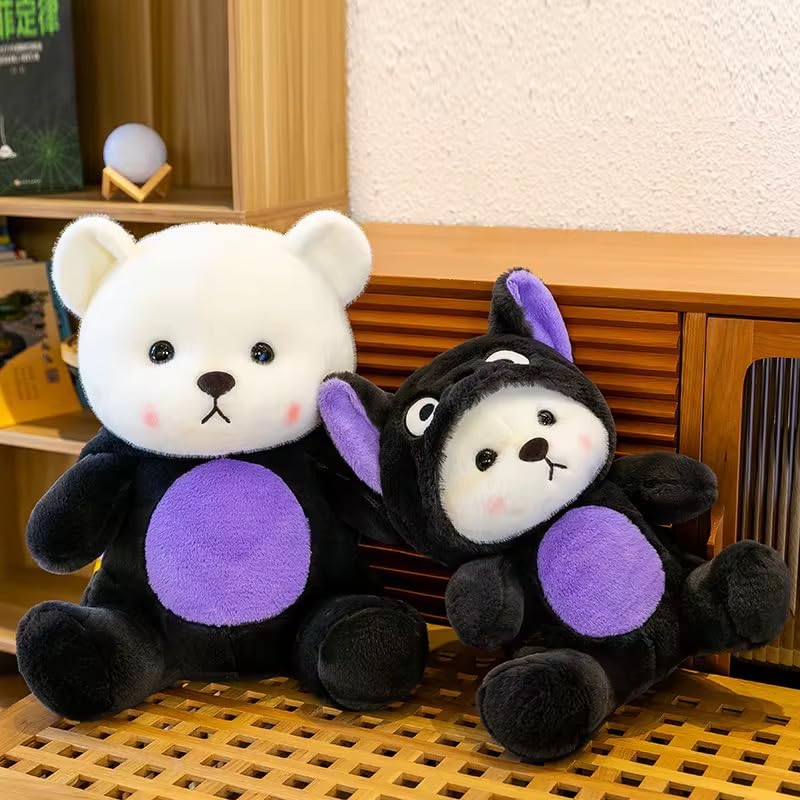 Image of Y U COLLECTION Plush Bear in Black Cat Hoodie Costume, 40 cm, Soft Stuffed Animal Toy, Purple and Black
