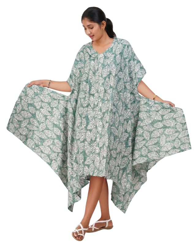 Image of MENMAII Women's Cotton Designer Dress|Fits up to 3XL| Front Open Button Down | Asymmetrical Hem | Chelsea Collar | Drop Shoulder | Flowy Loose Fit | Knee Length | Free Size [Pink Leaf]