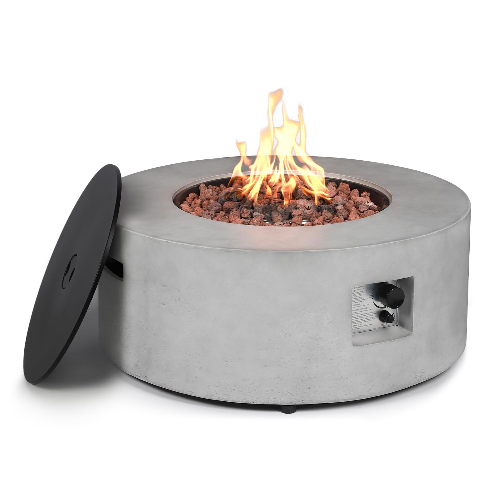 Round concrete fire table with lid and accessories for patio use