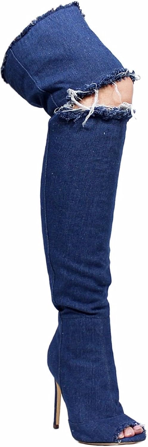 Liliana Barbara-13 Thigh High Over Knee Denim Open Toe Stiletto Heel Boot - Image 3