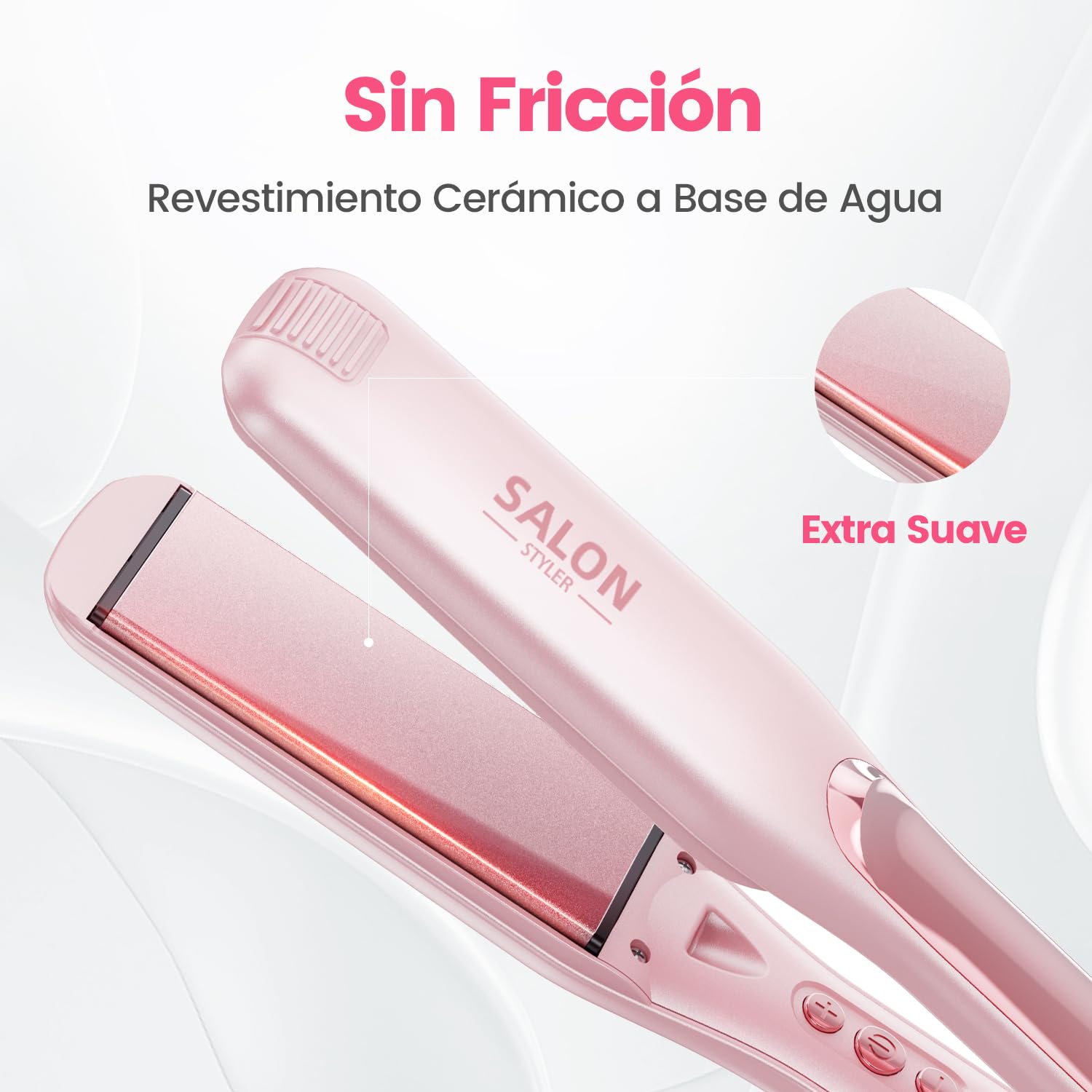 Dekuri planchas del pelo, plancha de pelo de 42 mm, plancha de cerámica sin fricción a base de agua para un cabello sedoso y suave, planchas de pelo profesional para mujeres, 120°C-230°C-Rosa pastel
