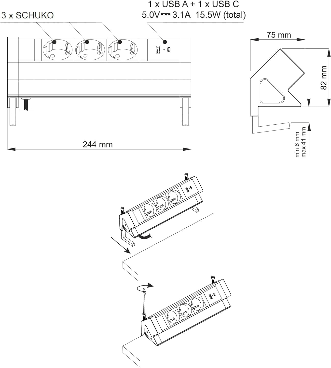Enchufe de aluminio con 3 enchufes, USB-A USB-C, montaje con pinza