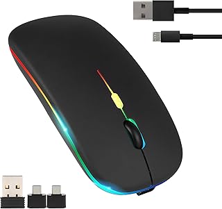 Wireless Mouse for Laptop With 2 USB A to USB C Adapter, 2.4GHZ Bluetooth Mouse Rechargeable,Computer Mouse Wireless with 800 To 2400 DPI, Silent Click, RGB Ligts, Slim Wireless Mouse With 3 Buttons