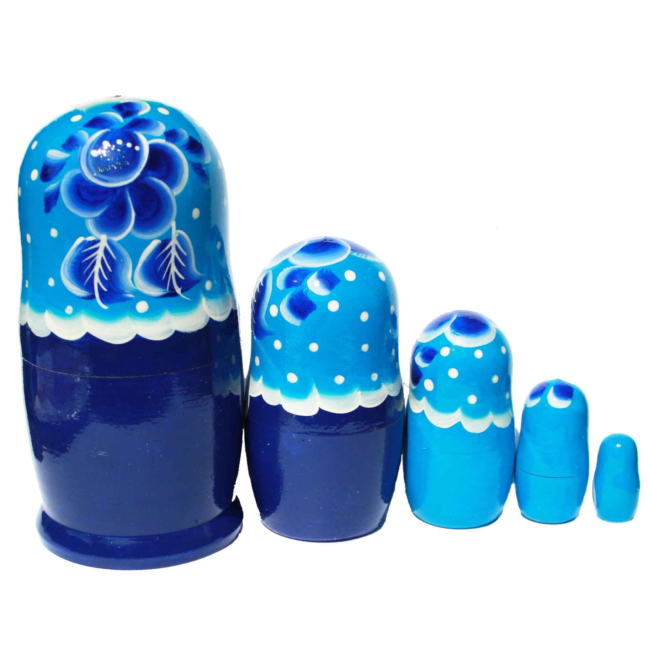 Matroschka Babuschka Matrjoschka russische Holzpuppen handbemalt Set 5 Puppen Blume (blau)