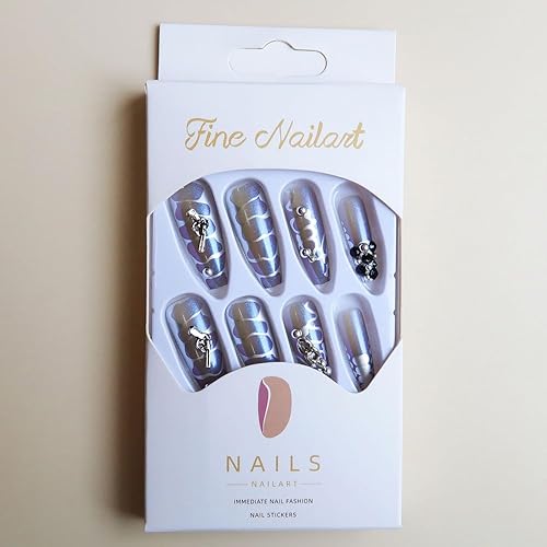 Miniatura 5 de Uñas postizas largas acrílicas artificiales a presión, diseño de serpiente azul, diseño de diamantes de imitación, uñas postizas cuadradas