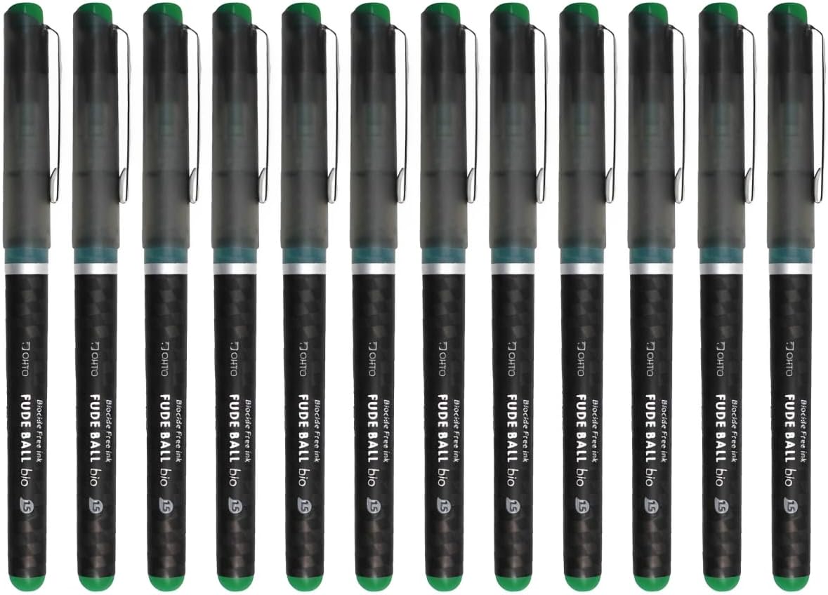 OHTO Fude Ball Bio 1.5 Rollerball Pen, Ultra-Bold 1.5mm, Water-Based Biocide Free Ink, Green, CFR-15FBO-GN, Pack of 12