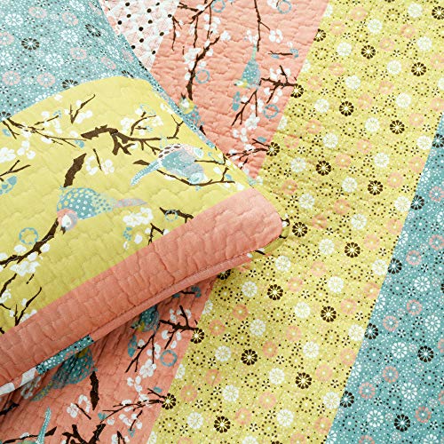 Image of Lush Decor Royal Empire Reversible Cotton Quilt Set - 3 Piece Striped Bedding Set - Bold & Colorful Bohemian Patterns - Soft Cotton Feel - Full / Queen, Blue and Coral