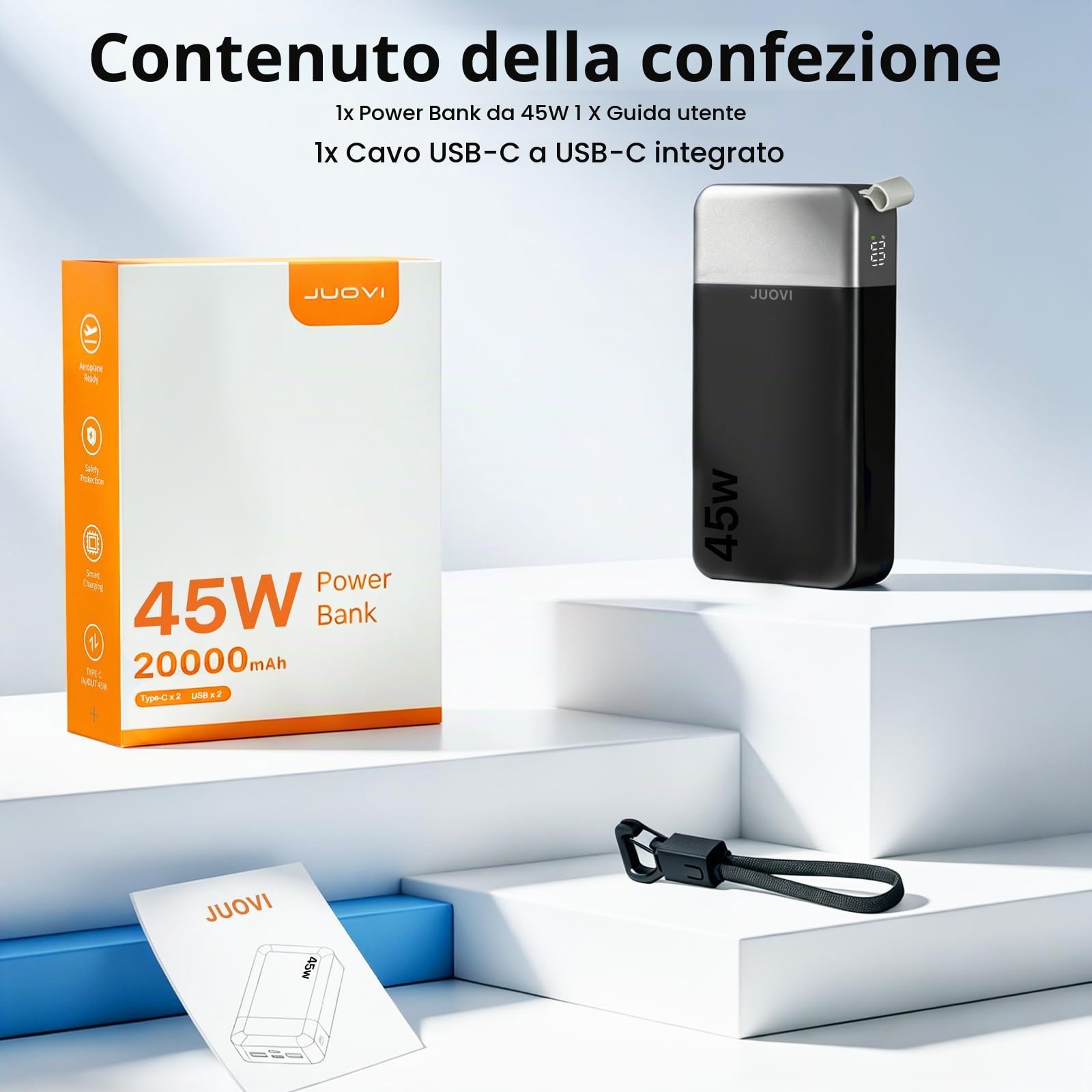JUOVI Power Bank 20000mAh Ricarica Rapida Caricatore Portatile 45W con Cavo | 4 Porte (2USB C PD & 2USB A QC) USB Display LED Batteria Esterna per iPad Tablet Switch iPhone Samsung