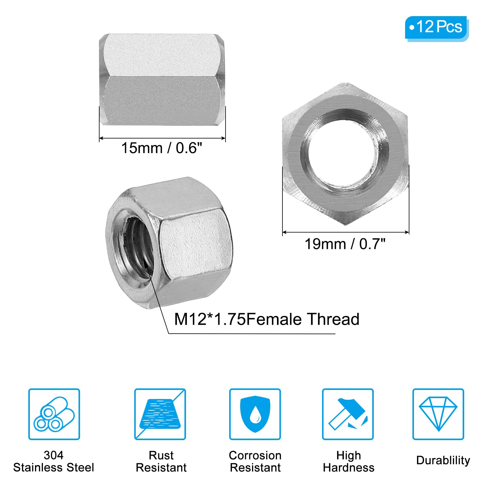 PATIKIL M12 x 1.75-Pitch 304 Stainless Steel Hex Coupling Nuts - Image 2