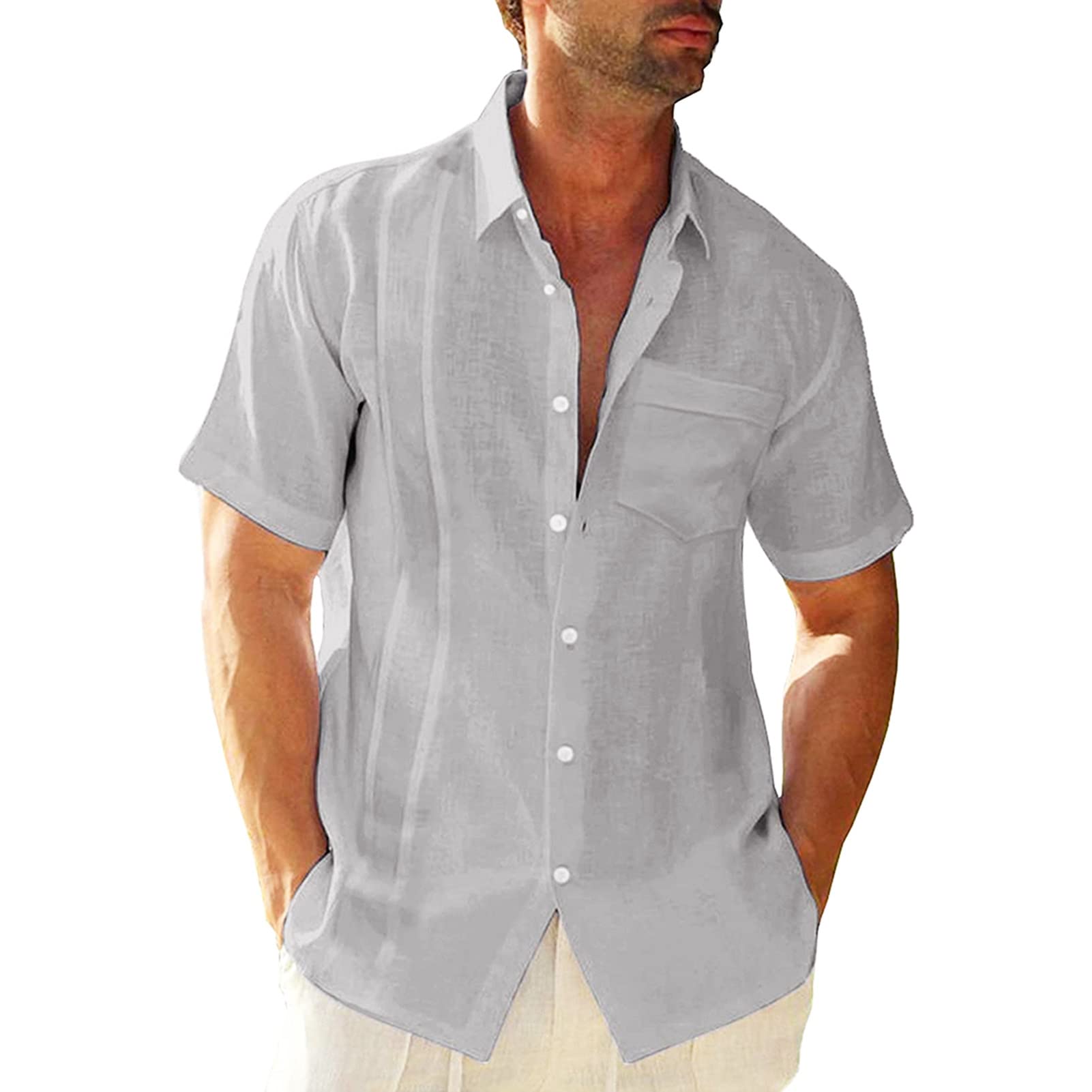 Maiyifu-GJ Men's Short Sleeve Cotton Linen Shirts Lightweight Summer Button Down Shirt Holiday Beach T Shirt with Pocket (Grey,X-Large)