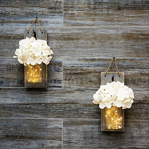 Boarderr Mason Jar Sconce Rustic Home Decor With Fairy Led String Lights And Flowers Farmhouse Chic Hanging Mason Jar Lights Sconces Wall Decor Accents (Set Of 2)-White #TOP2