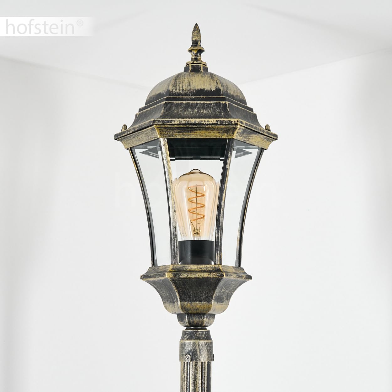 Etoe lampa drogowa zewnętrzna z metalu/szkła w kolorze czarno-złotym/przezroczystym, kandelabr o antycznym wyglądzie, wysokość maks. 230 cm, oświetlenie ogrodu w stylu dworkowym, IP44, 1 x E27, bez