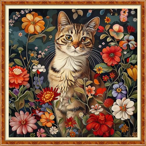 Image of Findvoor Stamped Cross Stitch Kits for Beginner Embroidery Kits for Beginners Adults DIY 11CT Cross Stitch Patterns Needlepoint Kits Crossstitching Kits-Flower Cat 18x18 inch