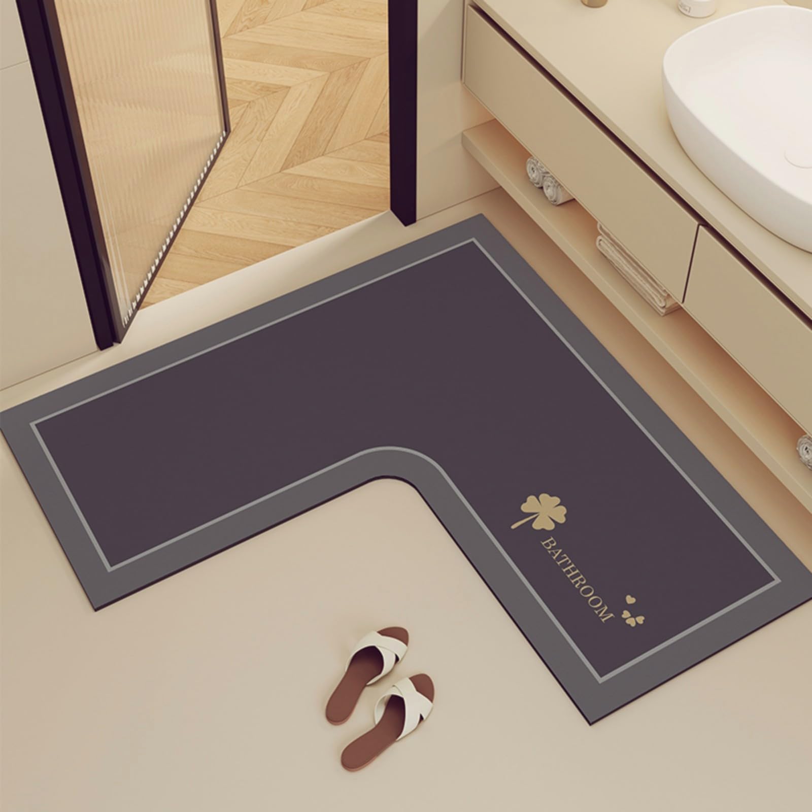 1 Piece L-Shaped Bathroom Rug, Non Slip Corner Shower Mat, Water Absorbent Thin Bath Rug, Washable Rug Carpet for Square Shower, Tub, Bath Room (