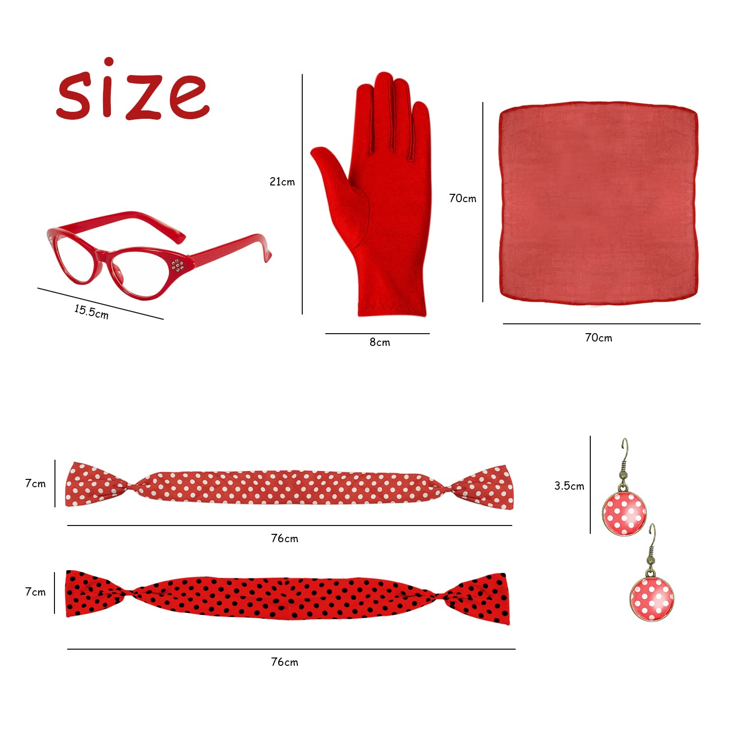 QEEQPF Pack of 5 1950s Women's Costume Accessories Chiffon Scarf Headband Glasses Gloves Earrings for Women Vintage Party Outfits red - Image 2