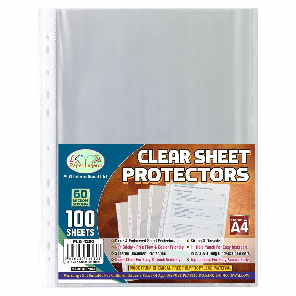 500 Pcs - A4 Punched Pockets Filing Folders Strong Clear Sheet Protector Heavy Duty Poly Wallet Document File Binder Poly Pockets Everyday Use for Home School Office (60 Microns)