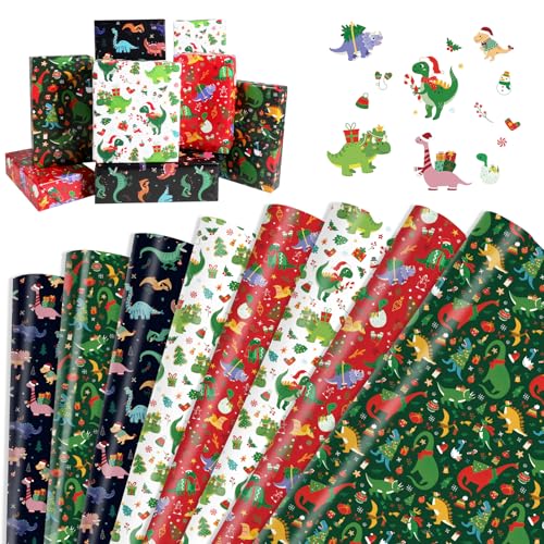DPKOW Papel de presente de dinossauros de Natal, 8 folhas de papel embrulho natural Natal Wrapping Paper, artigos para festas de dinossauros presentes de aniversário Natal, 70 x 50 cm