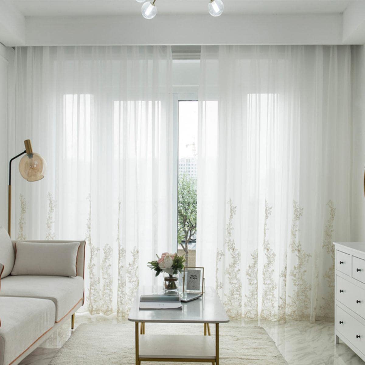 Rideaux en Tulle de Luxe brodés pour Salon Chambre à Coucher Rideau de fenêtre Transparent en Voile Floral pour Stores de Cuisine Rideaux-crème, Taille personnalisée 1pc, 1.Rings Top