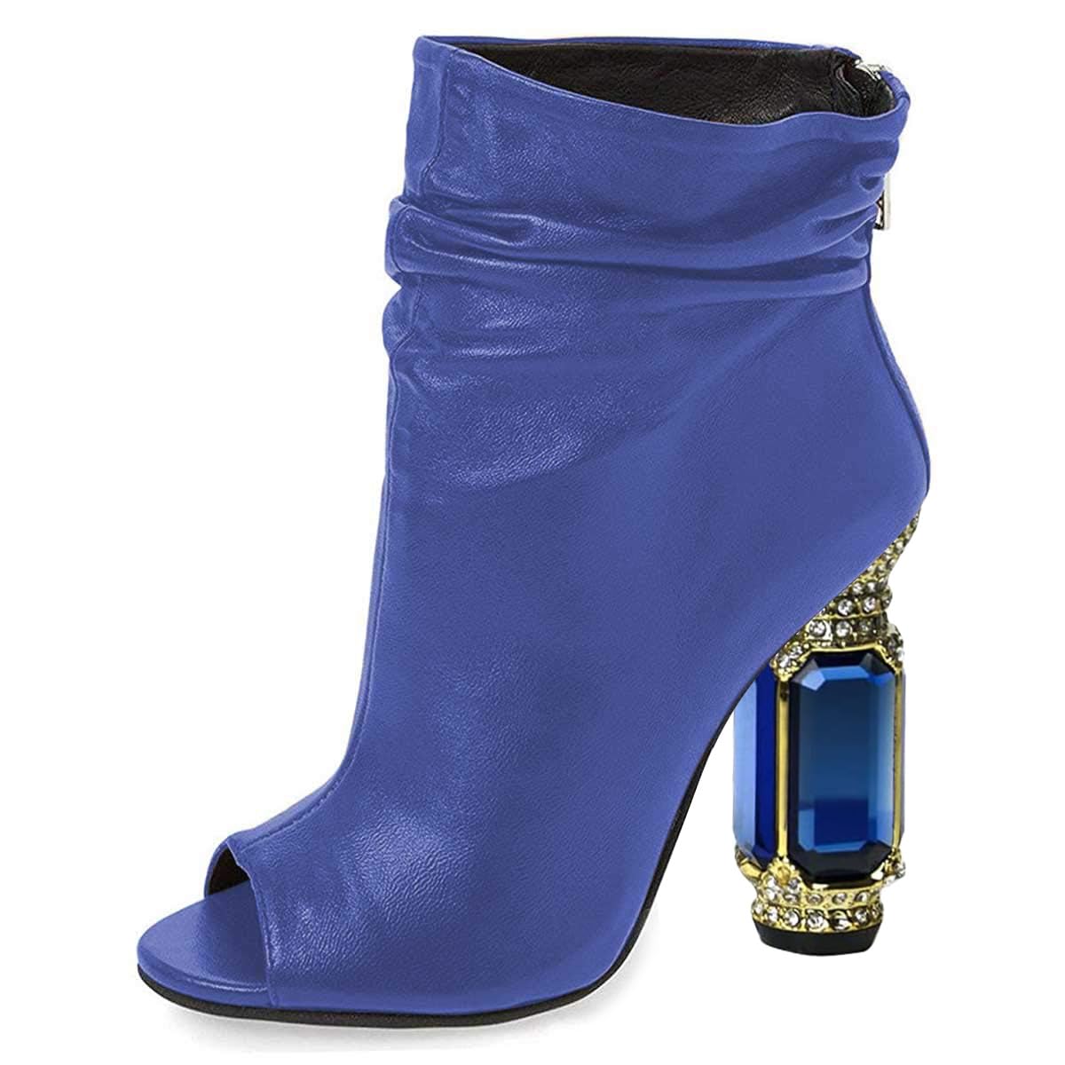 FSJ Women Stylish Peep Toe Slouch Ankle Boots Chunky Stacked Heels Party Prom Nightclub Evening Wedding Crystal Heel Dress Shoes Size 4-15 US