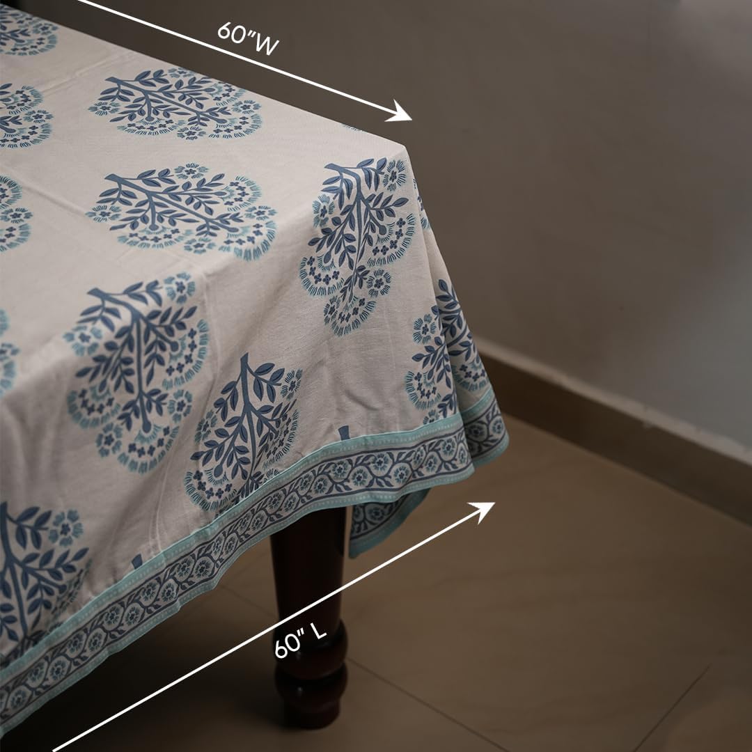 100% Organic Cotton Blue Table Cloth, Indian Block Print Table Linen for Dining, Parties, Wedding, Outdoors Home Decor | 60x60 INCH Square | 4 Seater - Nantucker Harbor Blue Damask - Image 4