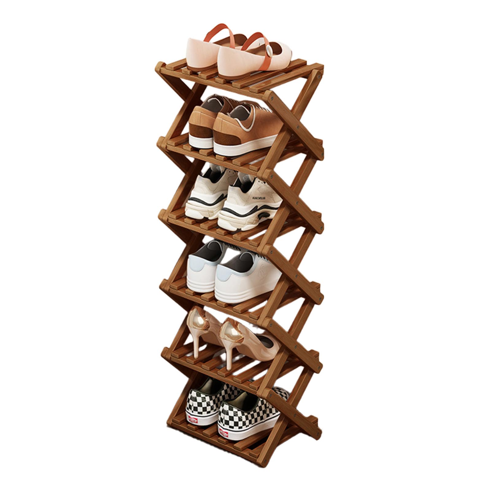 XUDREZ Wooden Folding Shoe Rack, Space Saving Bamboo Storage Organiser, Without Installation Narrow Shoe Stand for Small Spaces and Corners