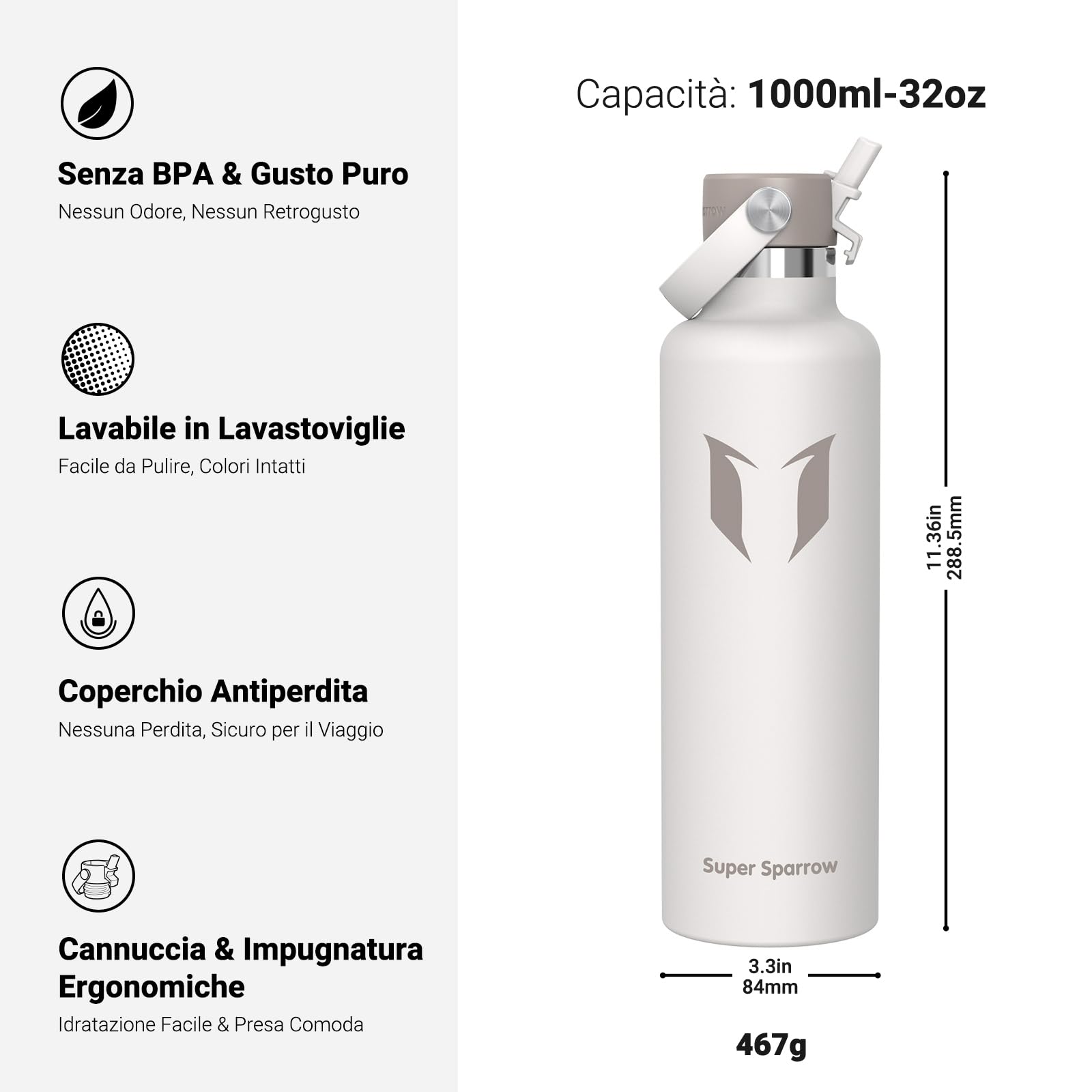 Super Sparrow Borraccia Termica, Acciaio Inox Bottiglia Termica - 350ml, 500ml, 750ml, 1L - Senza BPA Borracce, Borraccia Bambini per Scuola, Sport, Campeggio, Yoga, Palestra, Ciclismo