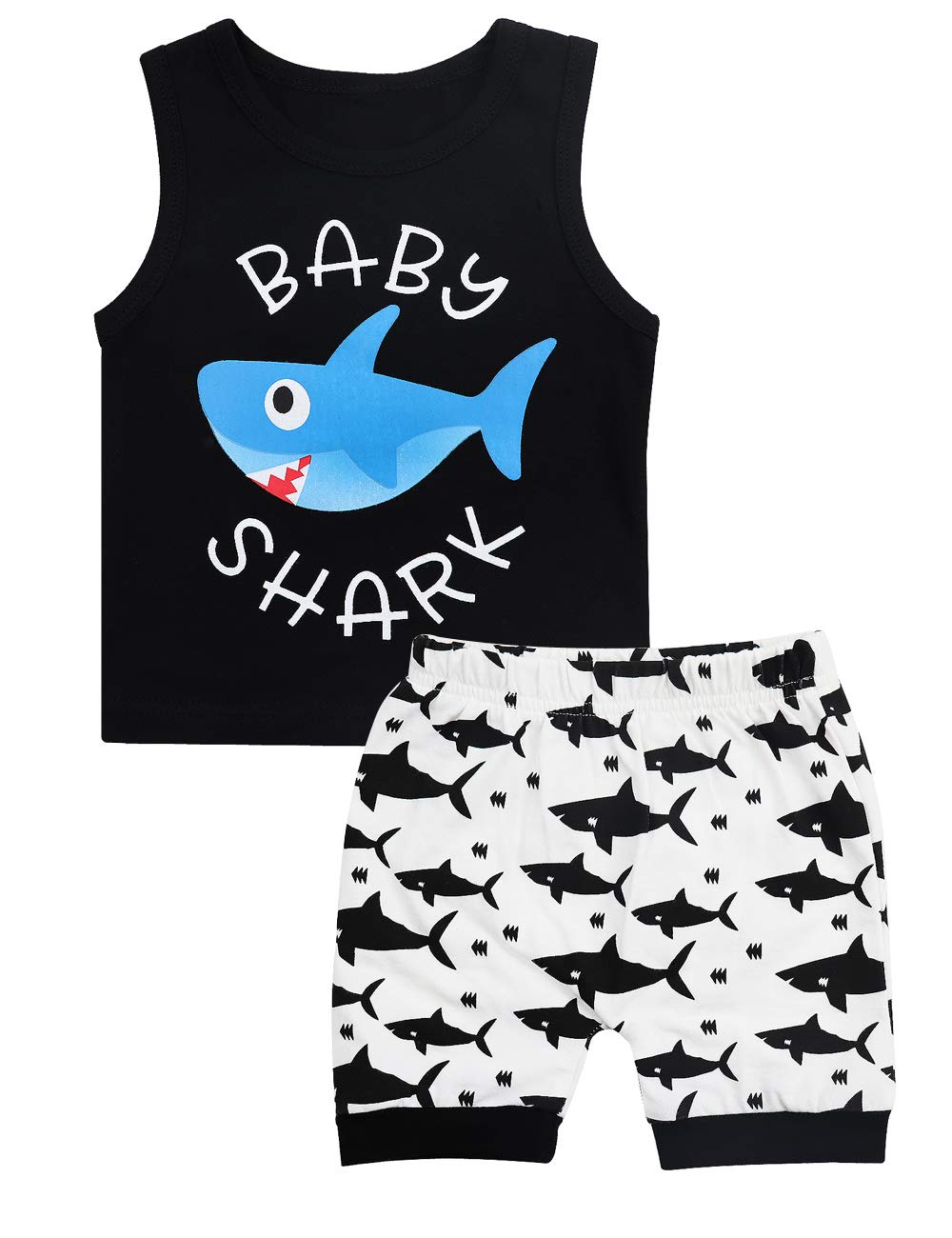Baby Boy Clothes Baby Shark Doo Doo Doo Print Summer Cotton Sleeveless Outfits Set Tops + Short Pants