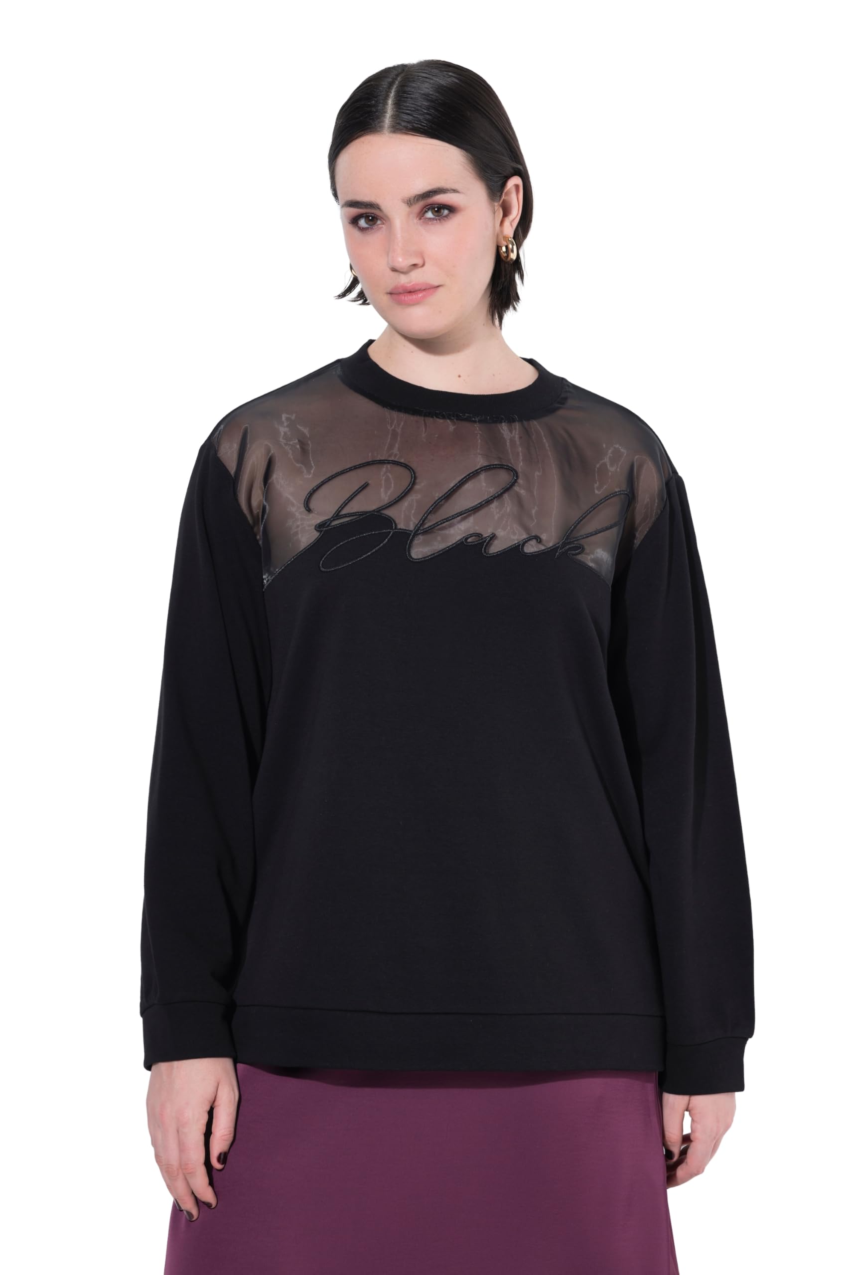 Ulla Popken Damen große Größen Übergrößen Plus Size Sweater, Tüll-Schulter, Rundhals, Langarm 843570