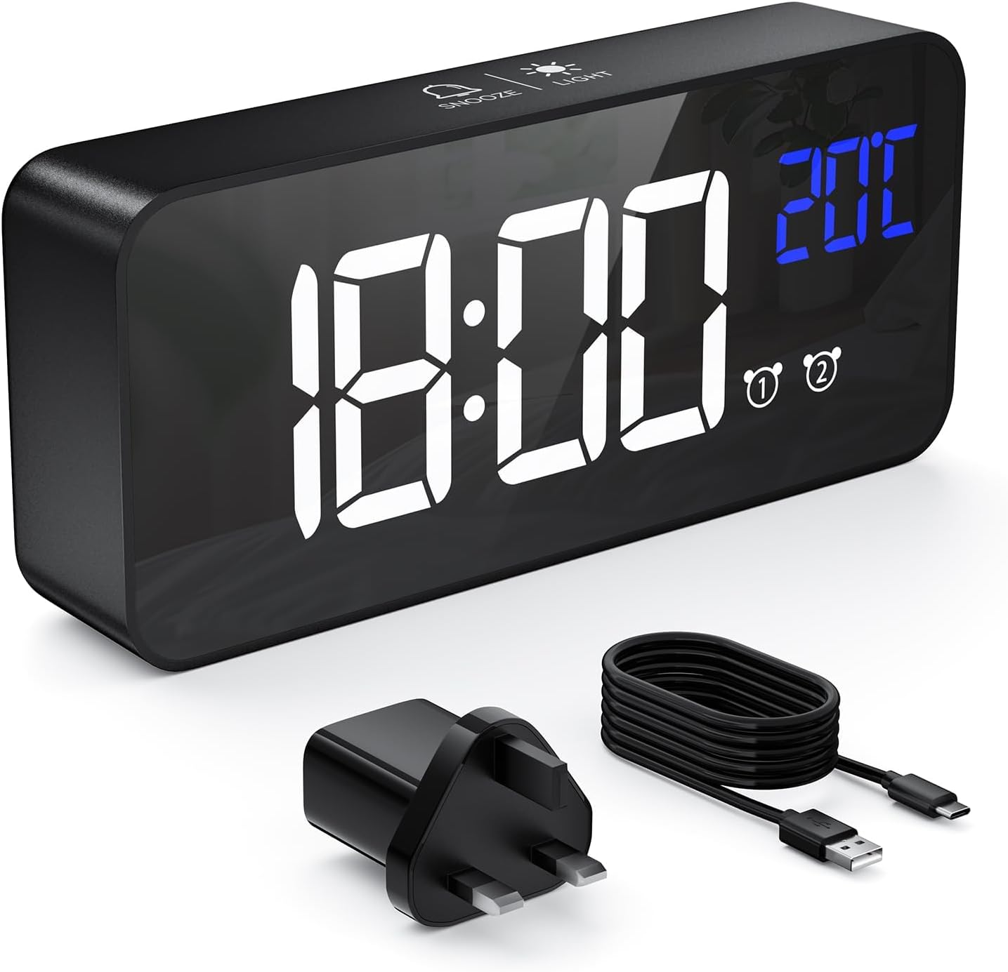 Alarm Clock, Digital Clock USB Rechargeable with Temperature Display, Snooze, Dual Alarms for Bedroom, Bedside, Office& Travel(Adapter Included) (Black)