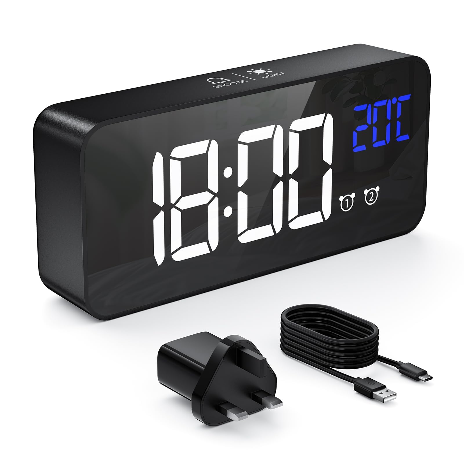 Alarm Clock, Digital Clock USB Rechargeable with Temperature Display, Snooze, Dual Alarms for Bedroom, Bedside, Office& Travel(Adapter Included) (Black)