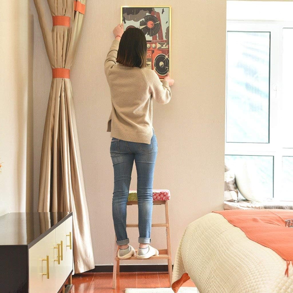 Folding Ladder Stool Solid Wood Stool Kitchen high Stool Creative Portable Home Adult Multi-Functional Chair Strong Solid/Removable (Color : W, Size : 42.5 * 48.5 * 65cm)