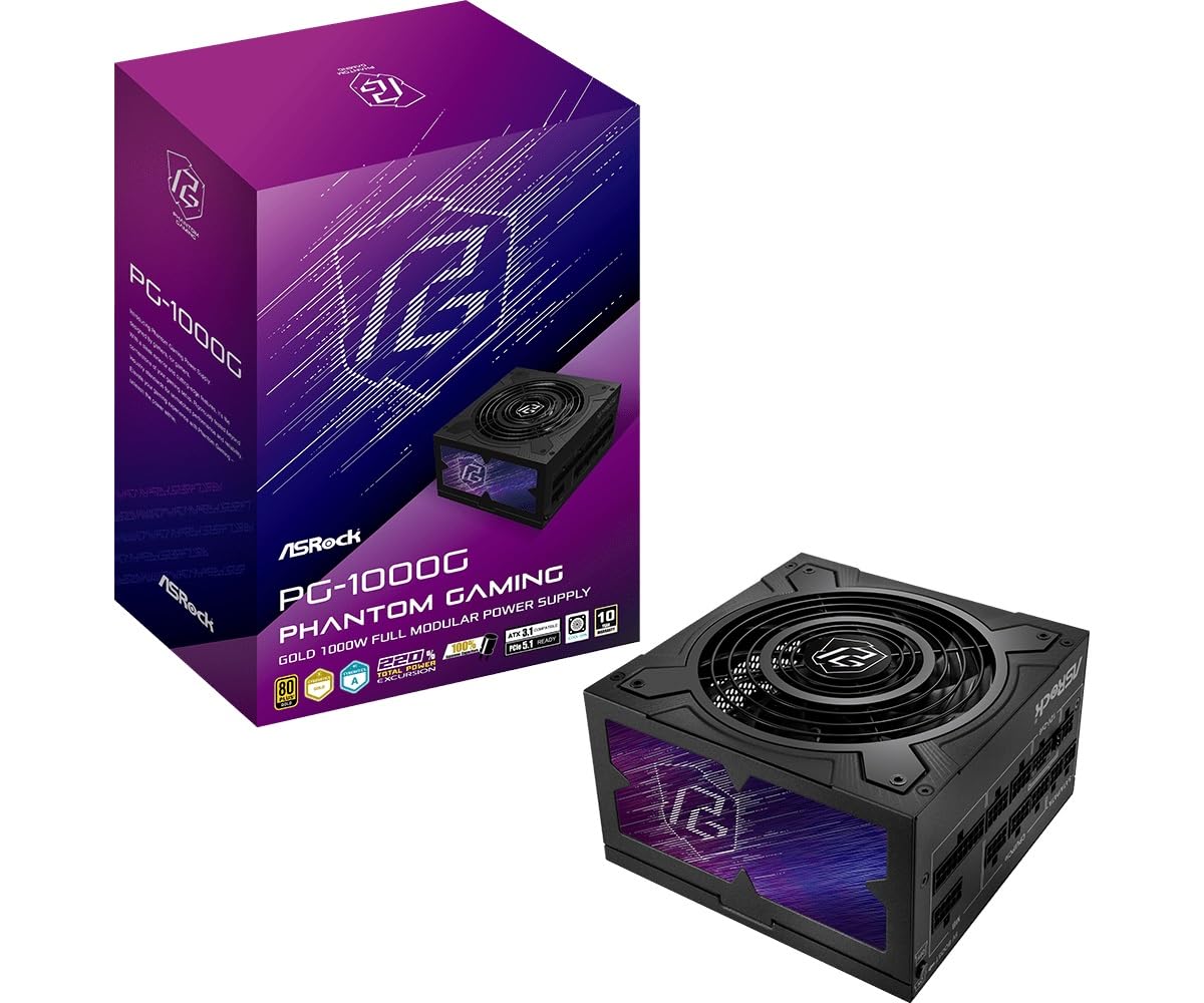 Zasilacz ASROCK PG-1000G, PSU, 1000W, 80 Plus Gold/A, 135MM, Modułowy, PCI-E 5.1 (12+4pin) x1,PCI-E (6+2 pin) x3,SATA (5-pinowy) x9